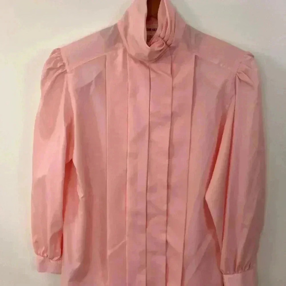 VTG Sz. 12 Women's Puff-Sleeve Blouse Pink Pleated Front Button Neck Cottagecore - Picture 1 of 8